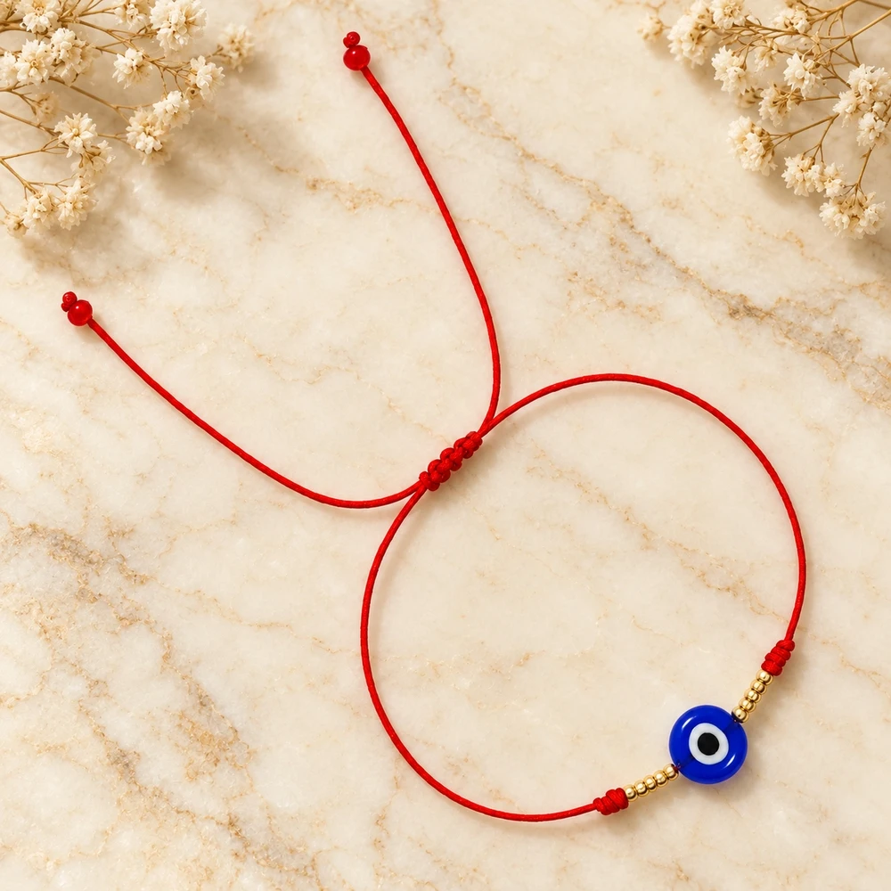 1pc Red Adjustable Cord Bracelet with Blue Evil Eye Round Bead and Golden Accent Beads Minimalist Unisex Design