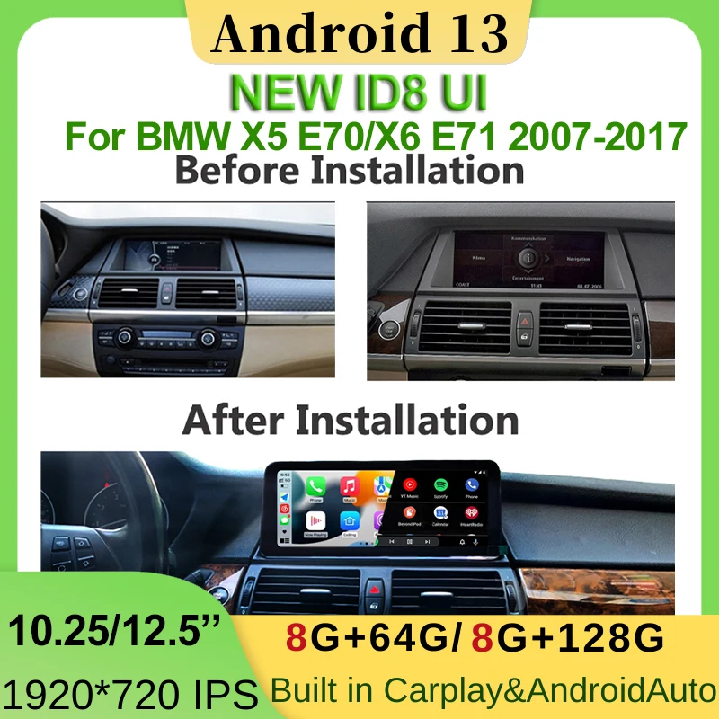 12.5inch 8Core Android 13 Carplay Head Unit For BMW X5 X6 E70 E71 Car Auto Radio Video Player Multimedia Screen Navigation 4G BT