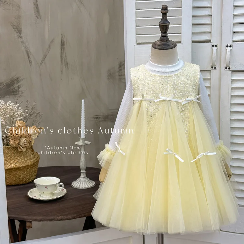

Girls' Dress2025Autumn New Fashionable Sweet Mesh Dress with Bowknot