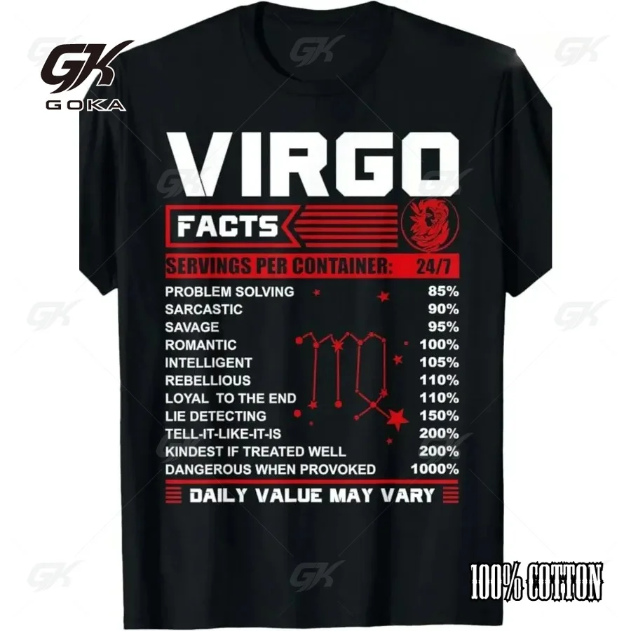 Virgo Facts Funny Nutrition Label Zodiac T-Shirt Hipster Unisex Clothes Virgo Traits Casual Cotton Short Sleeve Tee Tops