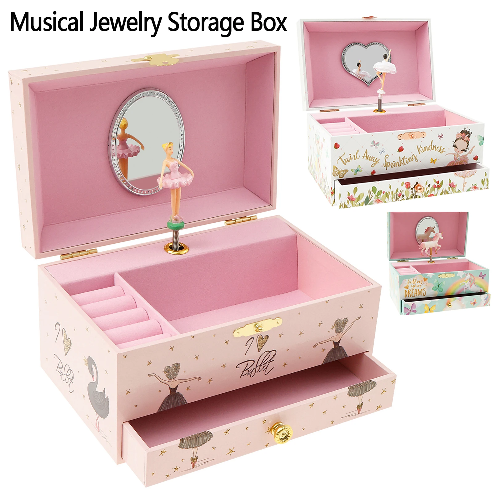 Princess Musical Jewelry Storage Box Decorative Jewelry Organizer Box with Drawer Bracelet Ring Holder Case for Girls Kids Gifts