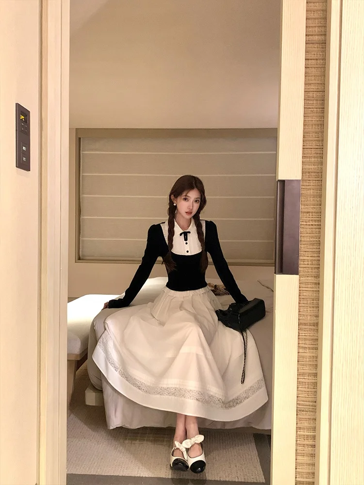 

Женская свободная юбка миди А-силуэта с кружевными вставками и вырезами, с длинным рукавом, высокой талией, из хлопка, повседневная, в стиле принцесса