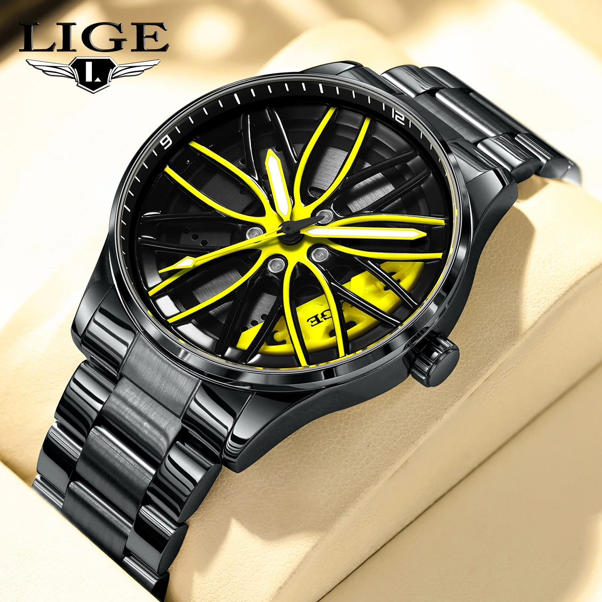 LIGE Business Luxury Quartz Watch Car Sport Rim Automatic Movement Round Dial Clock Watches Machinery Men Sport Watch+Box