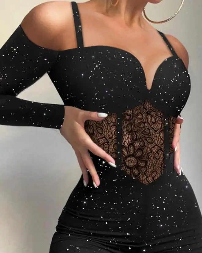 Jumpsuit Woman 2024 High Quality Luxury Sexy Skinny Long Elegant Glitter Cold Shoulder Long Sleeve Contrast Lace Corset Jumpsuit