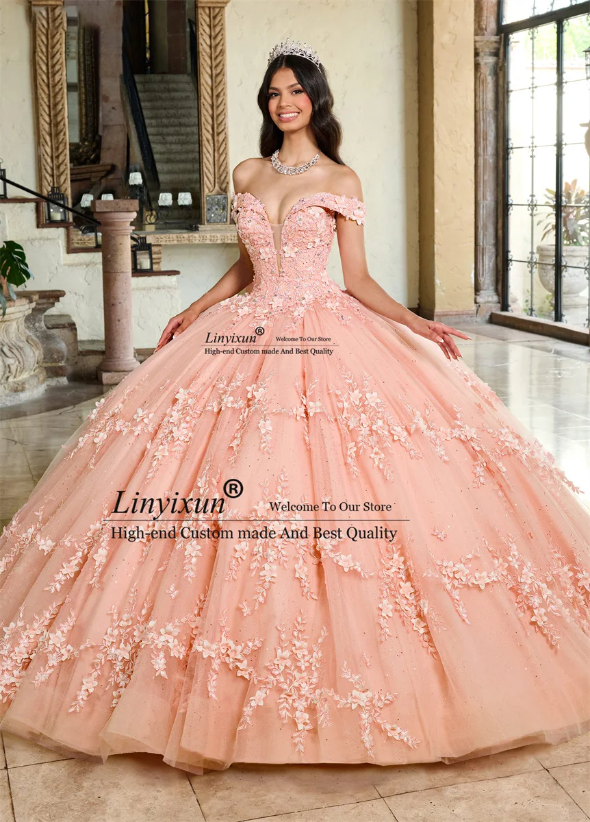 Mexican Pink Ball Gown Quinceanera Dresses 2024 3D Flower Applique Off Shoulder Big Bow Sweet 15 16 Dress Birthday Party Wear