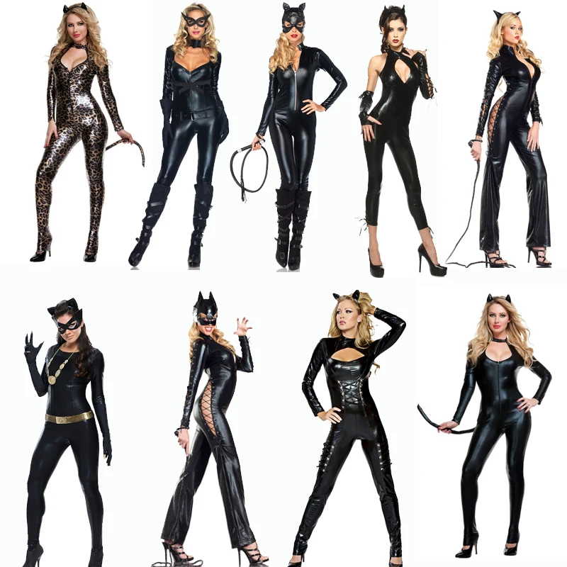 Halloween Girls Cosplay Costume Nightclub Sexy Cat Uniform DS Stage Outfit Patent Leather Tight Suit Steel Pipe Dance Pants