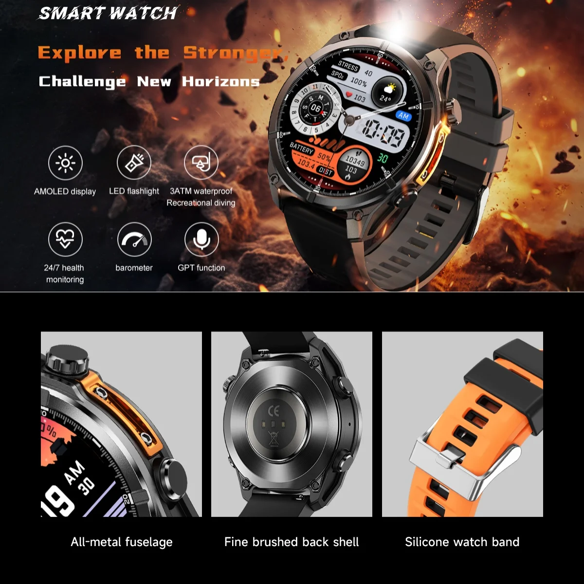 VWAR Sport Smart Watch with LED Flashlight Compass Barometer Men's Smartwatch 3ATM Waterproof Bluetooth Call for Xiaomi Huawei