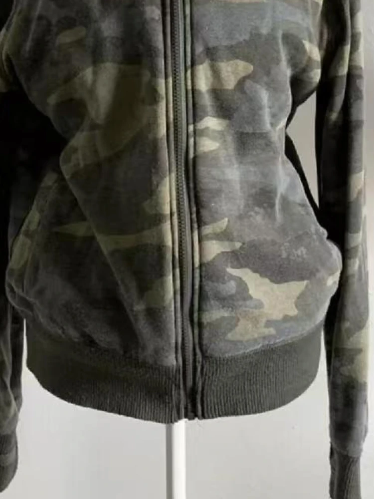 Women Y2k Harajuku Grunge Vintage Sweatshirt Faux Fur Zip Fashion Jacket Streetwear Winter Vintage American Retro Camo Hoodie