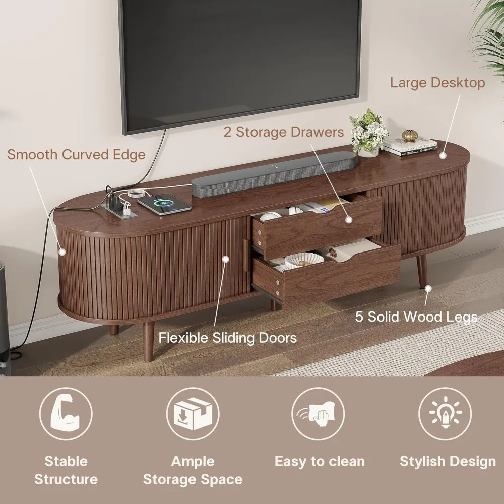 حامل تلفزيون حديث لمنتصف القرن مقاس 59 بوصة مع محطة شحن، وطاولة وحدة تحكم وسائط تلفزيون بحافة منحنية مع درج ورف، #5