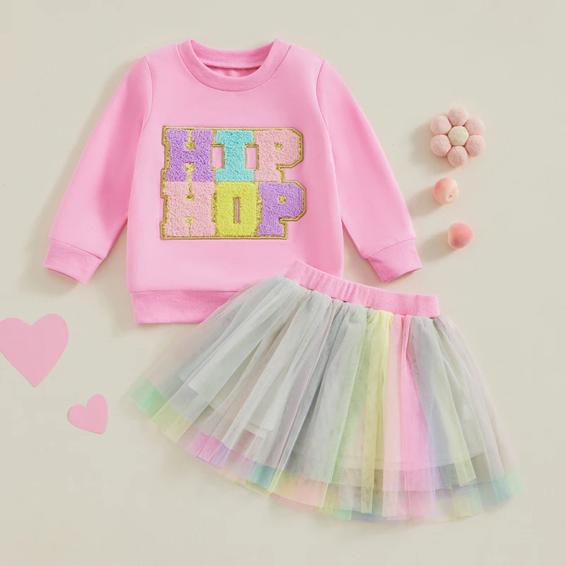 1-6Y Ragazze del bambino 2 pezzi Primavera Autunno Abiti Manica lunga Lettera Ricamo Felpa Top Tulle Maglia Gonna Set Set Vestiti per bambini Set