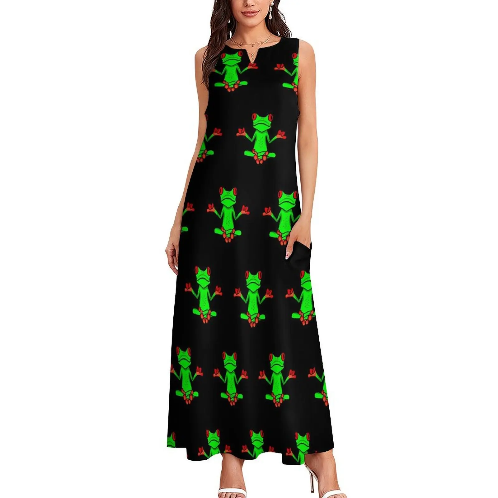 Zen Tree Frog Dress Cute Animal Cute Maxi Dress Aesthetic Casual Long Dresses Summer V Neck Custom Vestidos Large Size