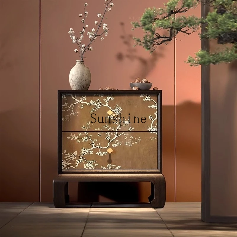 

Light luxury retro solid wood chest of drawers Song Dynasty aesthetic bedroom flower and bird bedside table