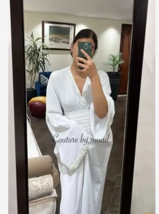 

OLOEY White Customized Dubai Arabic Women Outfit Evening Dresses Puff Long Sleeves V Neck Formal Occasion Gowns Plus Size