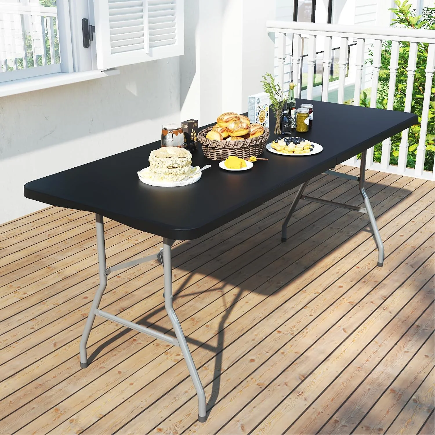 6FT Folding Table with Carry Handle & Steel Legs, Heavy-Duty Portable Dining Table for Party, Wedding, Camping, Indoor & Outdoor, Black/White