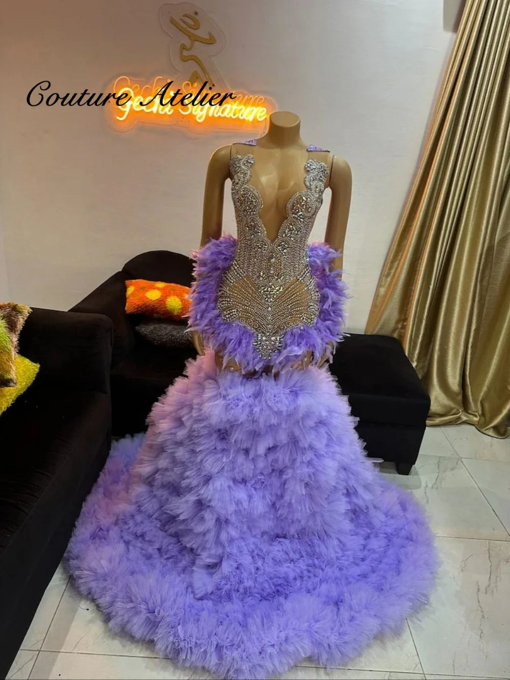

Rainbow Rhinestones Purple Luxury Prom Dresses Tulle Ruched Train Mermaid Evening Party Dress Black Girl African Customized