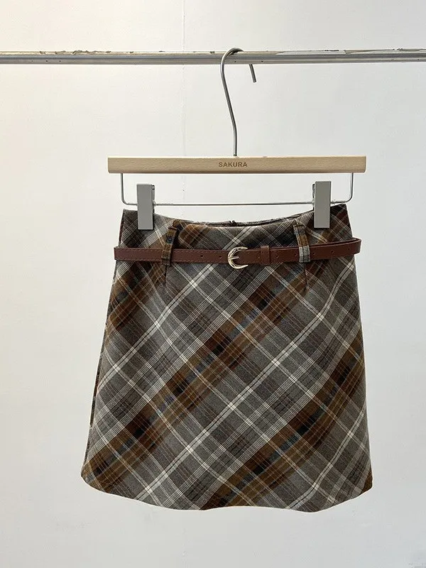 

High Waist A-Line Skirt Women's Plaid Woolen Skirts Korean Sle Anti-Light ort Skirts with Belt plus Size Autumn