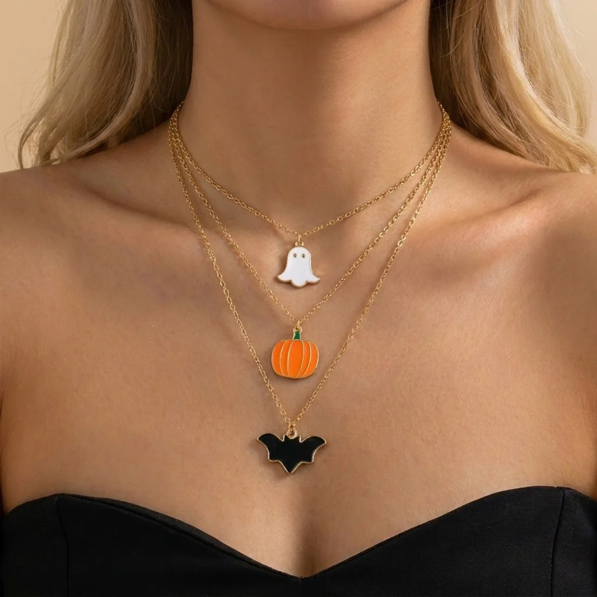Halloween Pumpkin Spider Bat Necklace Earrings Ring Set For Women Men Enamel Ghothic Bat Pumpkin Ghost Party Gifts Jewelry Set