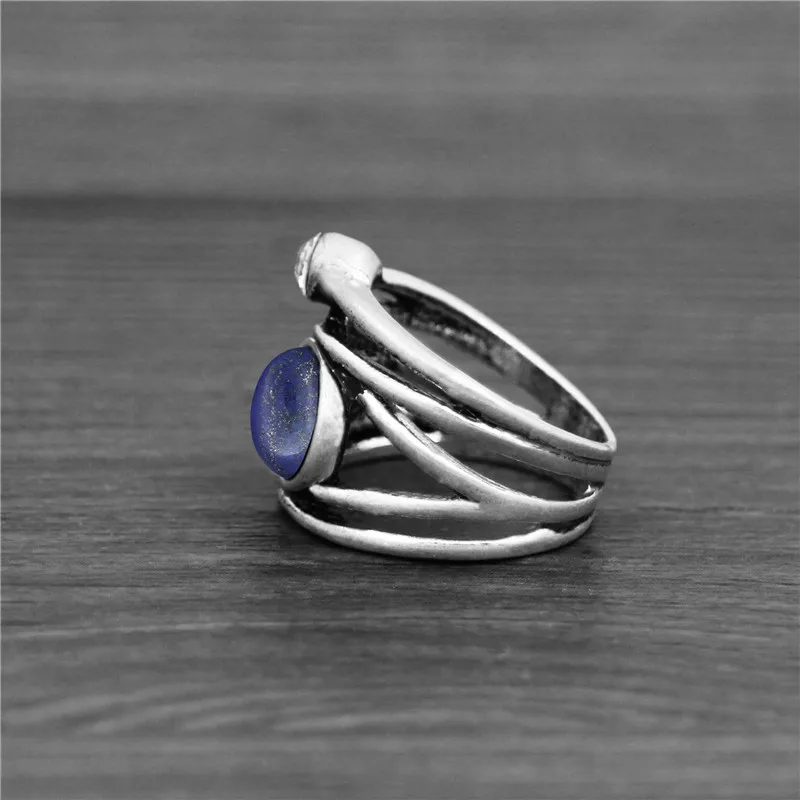 Vintage Look Natural Lapis Lazuli Quartz Rings For Women Antique Silver Plated Plant Crystal Stone Fashion Jewelry