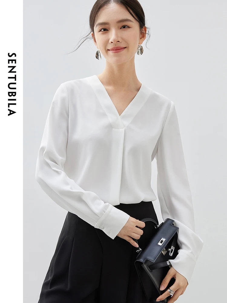 SENTUBILA Office Lady Solid Blouse Women\'s 2024 Autumn Loose Fit V Neck Long Sleeve Folds Elegant Women Pullovers 143C57058