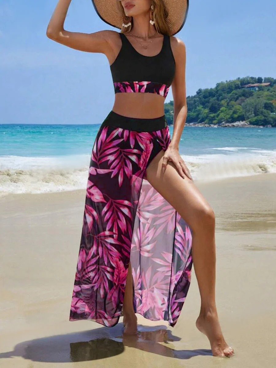 2024 Print Three Pieces Bikini With Vent Long Skirt Swimsuit Women Swimwear Female Bather Bathing Swimming Swim Suit Beachwear