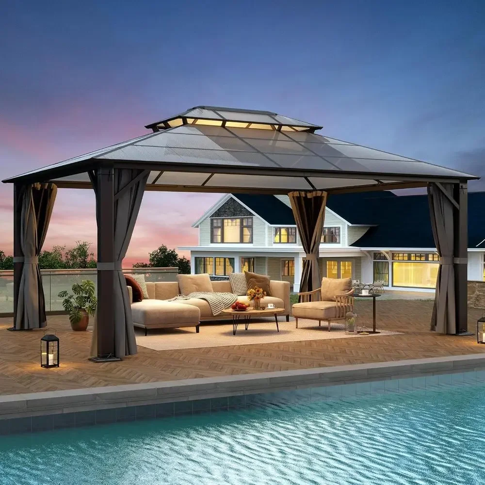12'x16' Hardtop Gazebo, Patio Gazebo Polyte Double Roo Gazebos with Netting and Curtains, Heavy Duty Metal Pavilion or Patio, Ba