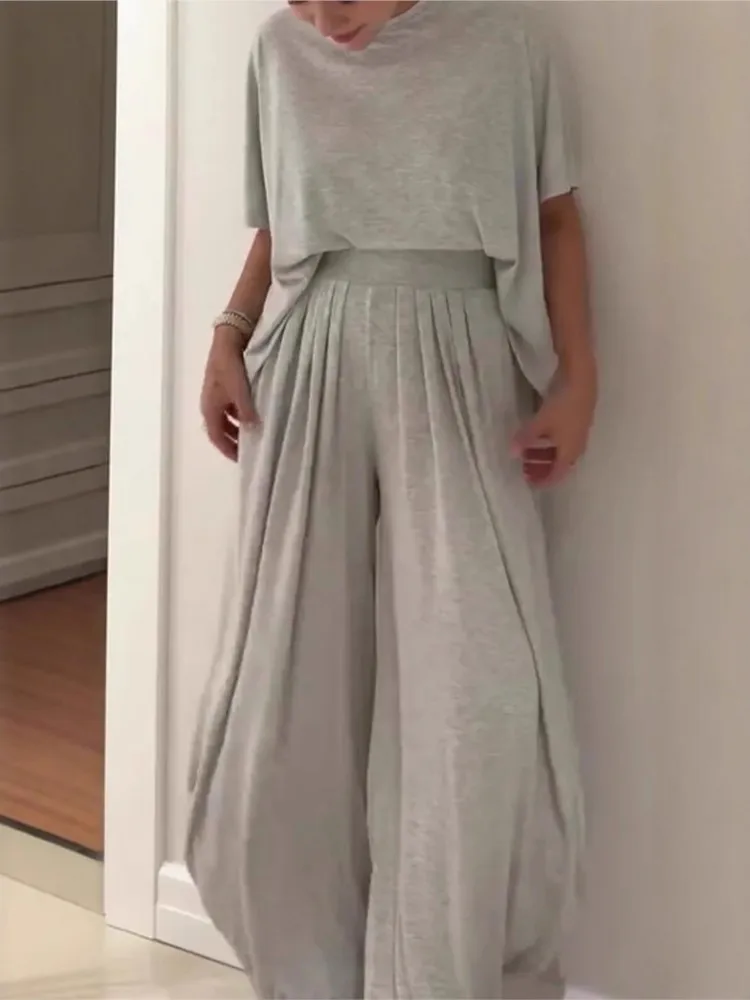 

Elegant Short-sleeved O-neck Top + Wide-leg Pants 2-piece Set For Women Fashionable Autumn Solid Color Loose Casual Suit Female
