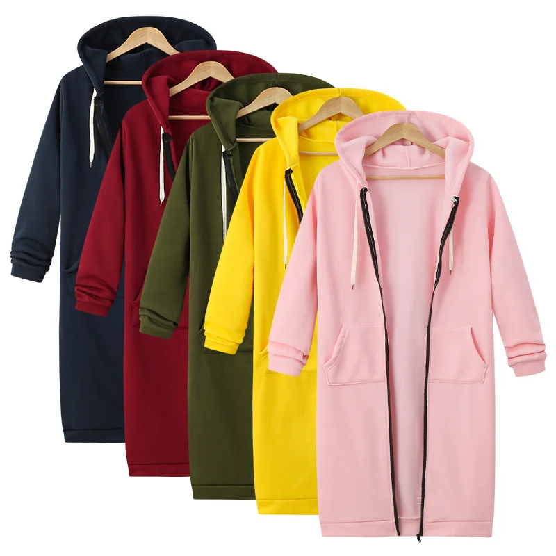 European American Hooded Long Sleeved Mid Length Hoodie Outerwear Women's Spring Autumn Zipper Style Jacket Windbreaker Clothing