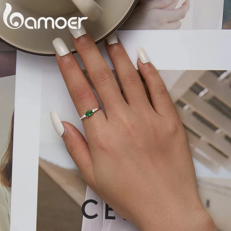 BAMOER 925 Sterling Silver Simple Gemstone Ring for Women Green Zirconium Ring Fine Jewelry Wedding Bridal Wedding Gift BSR265