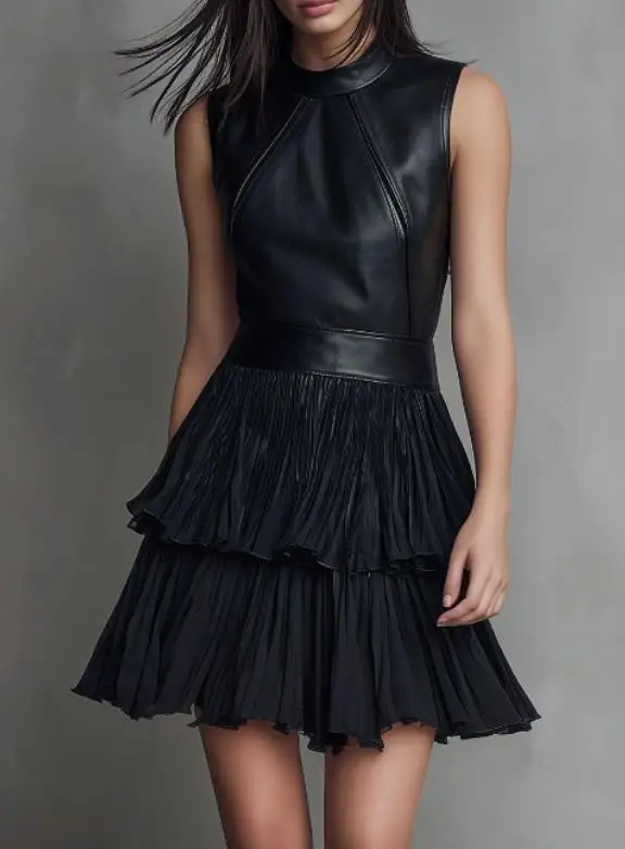 

Women Dresses 2026 Spring Summer New Solid Color Leather Patchwork Round Neck Sleeveless High Waist Elegant Double Layered Dress