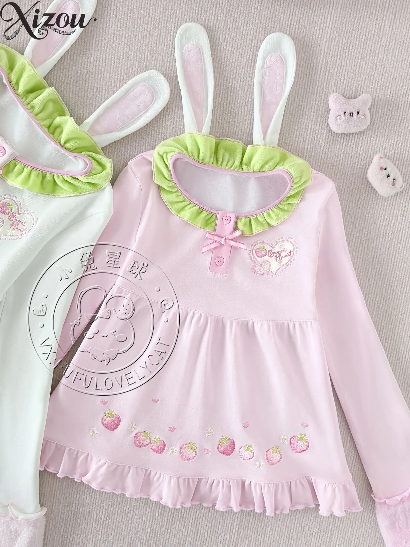 Strawberry Polka Dot Plush Rabbit Ears Peter Pan Collar Long Sleeve Top Kawaii Pink Inner Wear Spring 2026 Shirt Autumn Bow