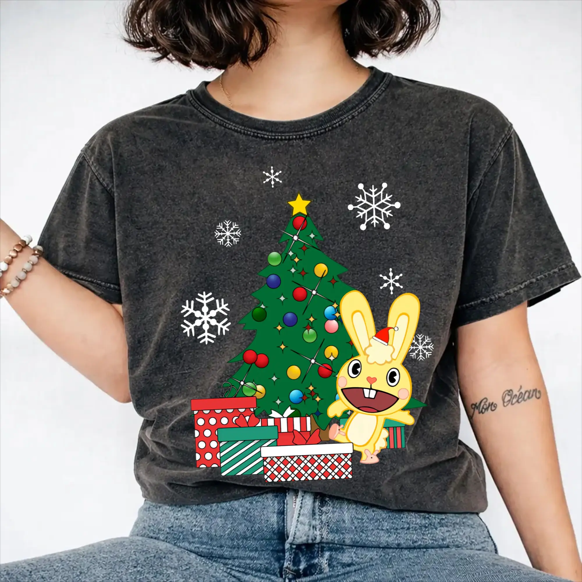 Cuddles Around The Christmas Tree Happy Tree Friends Washed T Shirt for Men Women Streetwear Hip Hop T-Shirt Tees Short Sleeve