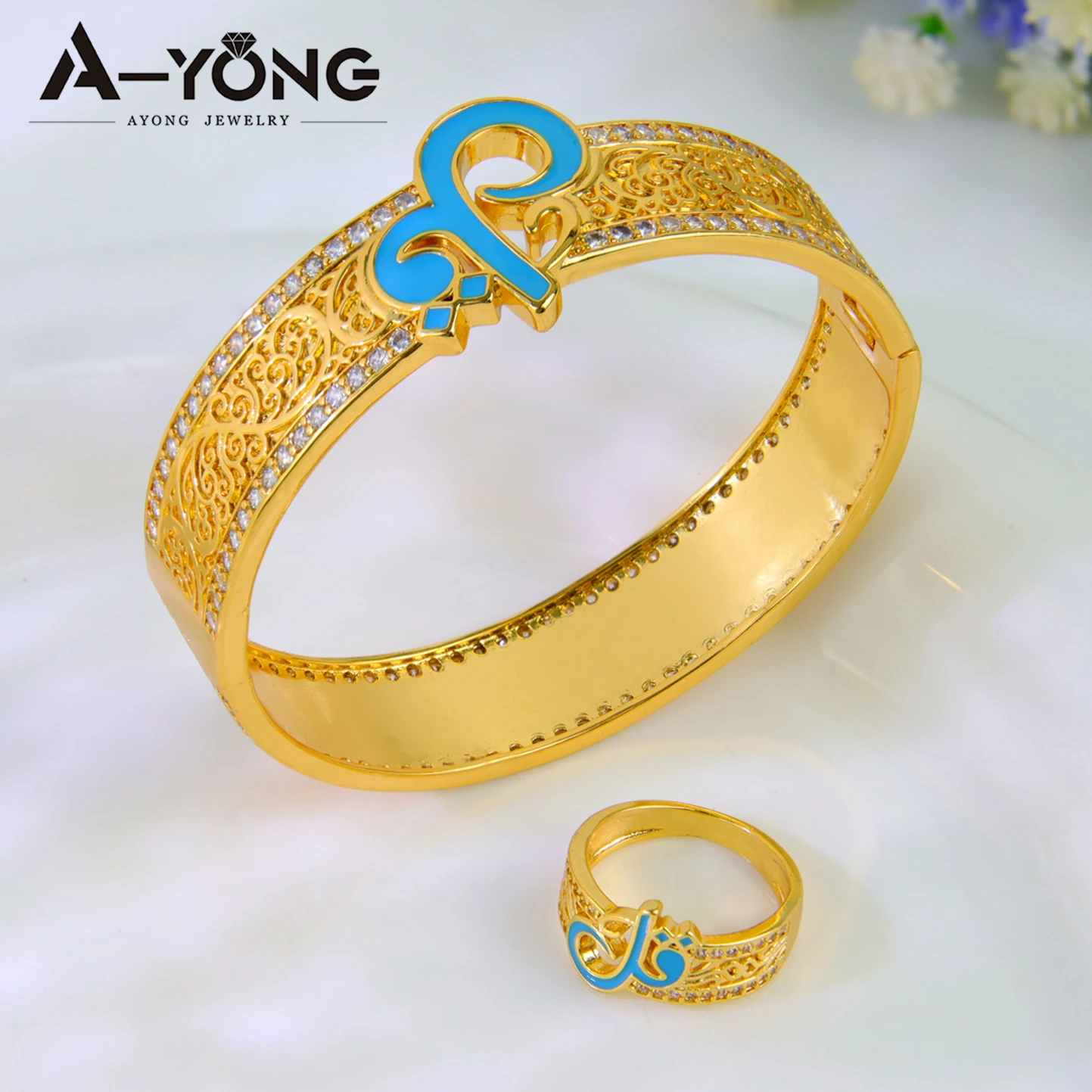 Elegant Dubai Gold Color Jewelry Set 21k Gold Plated Italian Zircon Fashion Bracelet Ring Brazilian Women Wedding Party Jewelrys