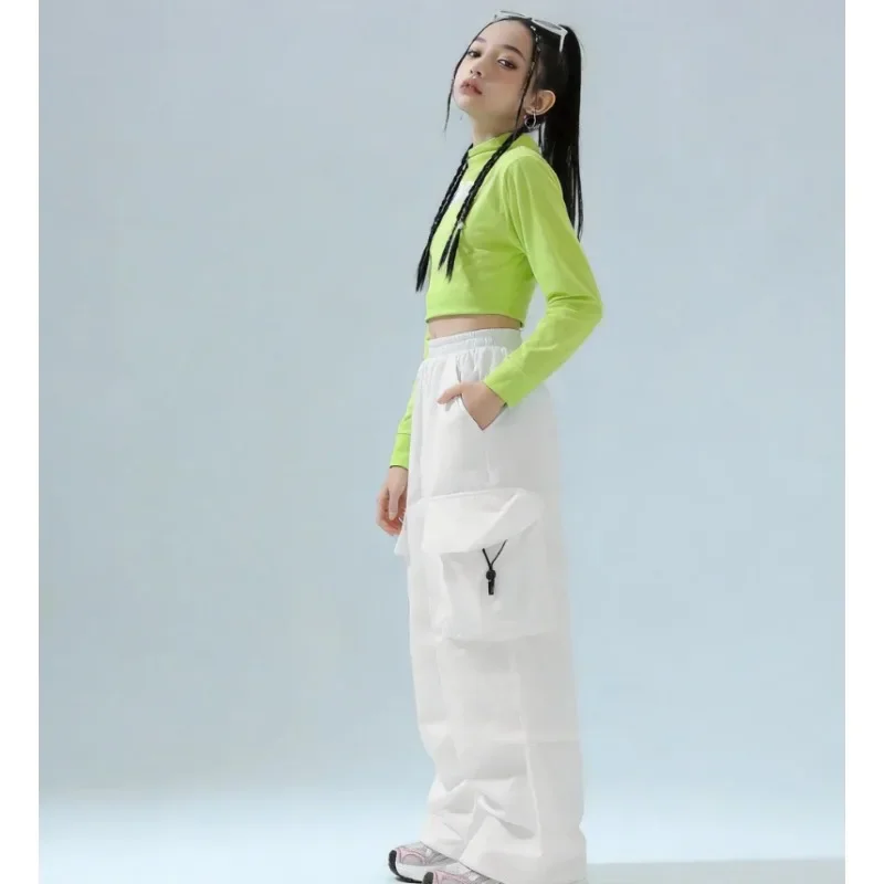 

Комплект для джазовых танцев для подростков: топ с длинным рукавом и открытым животом, свободные брюки, модный уличный танцевальный костюм для детей, одежда для хип-хопа