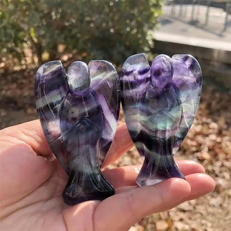 1PCS Natural Colored Fluorite Angel Carving Polished Figurine Healing Energy Stone Aesthetic Room Decor Unisex Gift