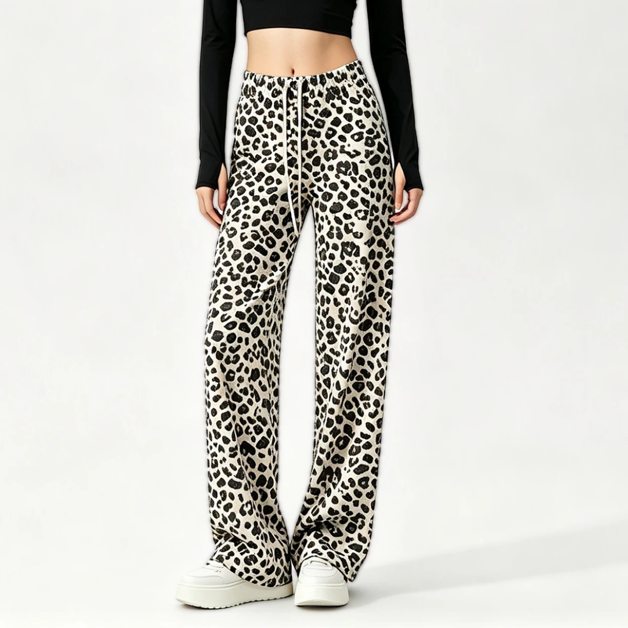 Women's High-Waisted Leopard Print Straight Leg Pants Loose Hanging Casual Fitness Leisure Sports Pants Sports Wear