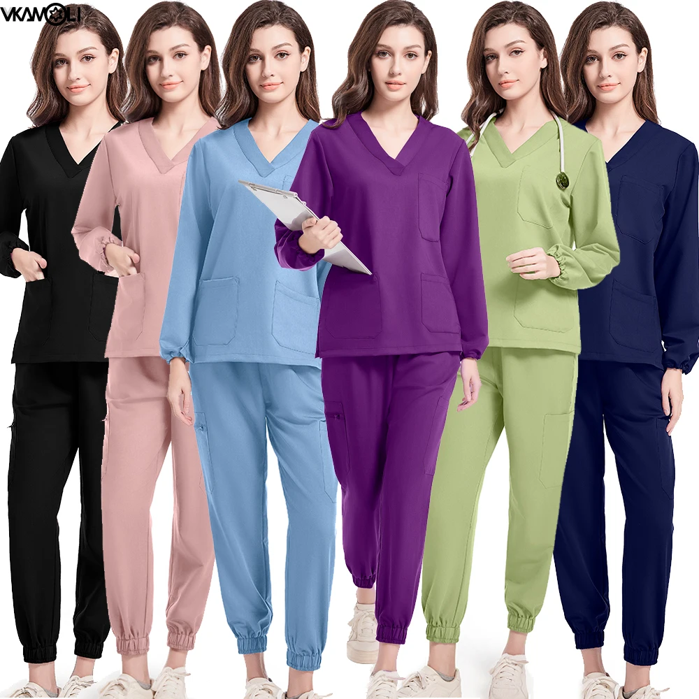 multicolour stretch fabric Long sleeved scrubs set Operating Room medical uniforms top and jogger Doctor's Nurse work clothes