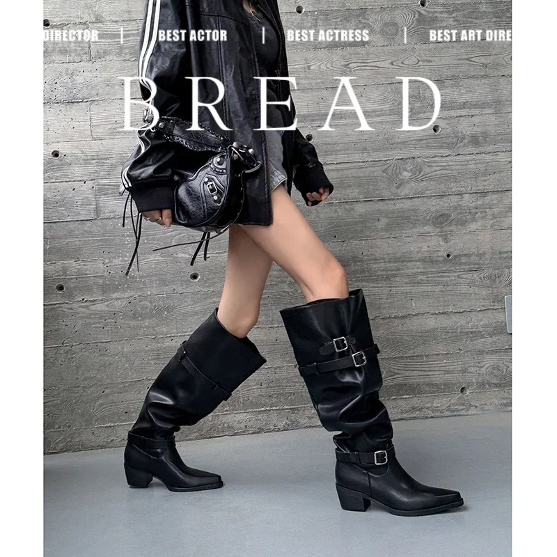 

2026 осенне-зимние женские сапоги до колена высотой 22-25 см, кожаные сапоги из микроволокна с острым носком, пряжка ремня, толстый каблук, длинные сапоги