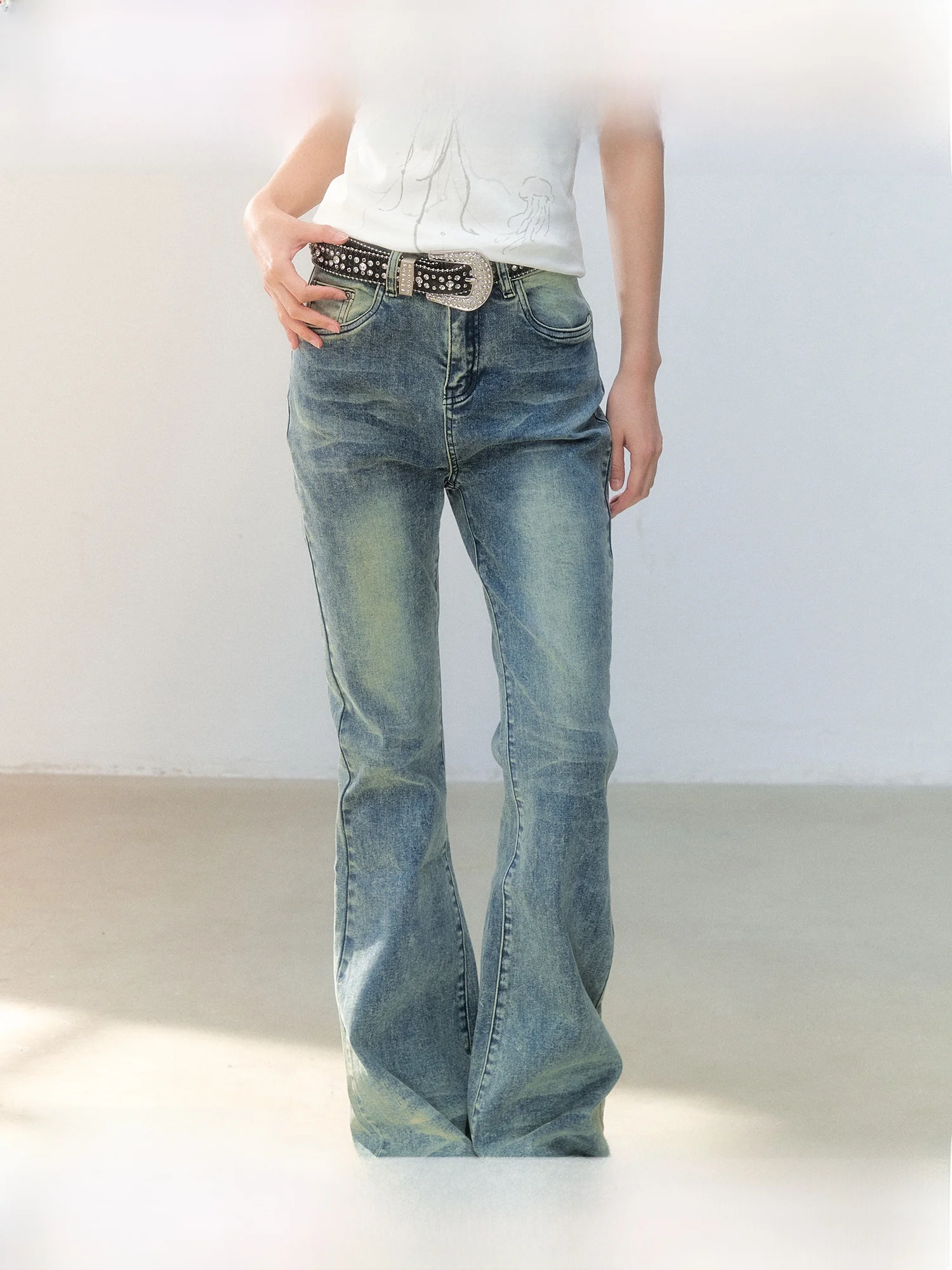 Guukahero American Retro Distressed Bell Bottom Jeans Women High Waist Slimming Long Pants Sexy Girl Jeans Casual Cotton Denim