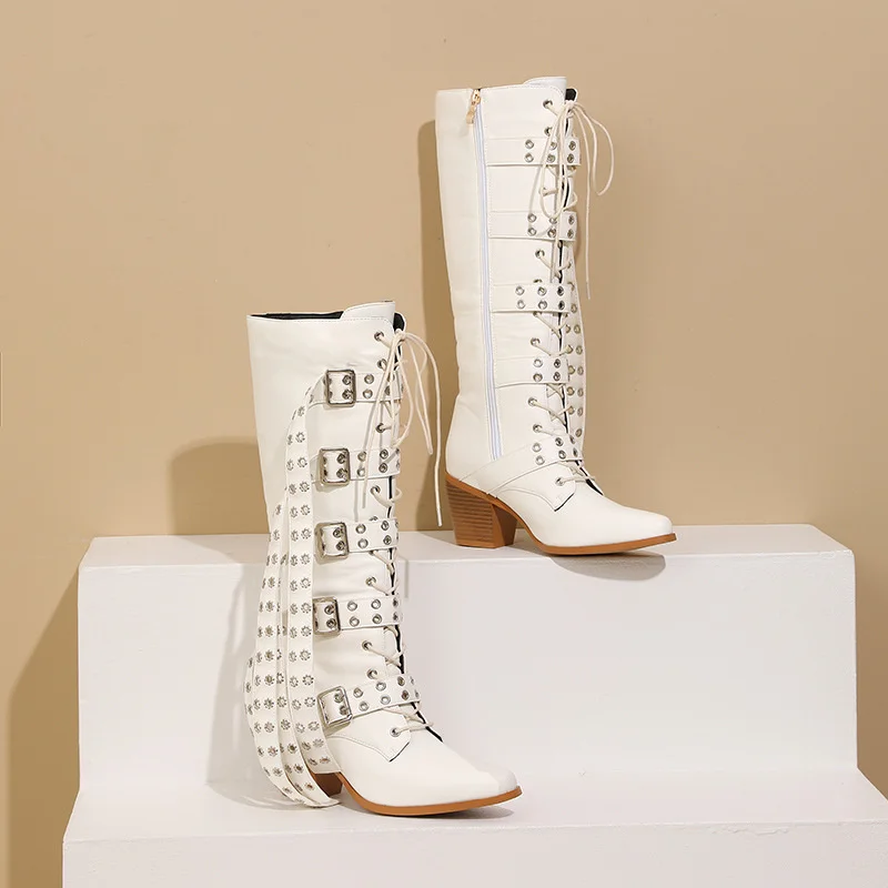 Autumn Winter Women's Boots Punk Belt Buckle Rivet High Tube Long Boots Fashionable And Stylish Women's Footwear for the Seasons