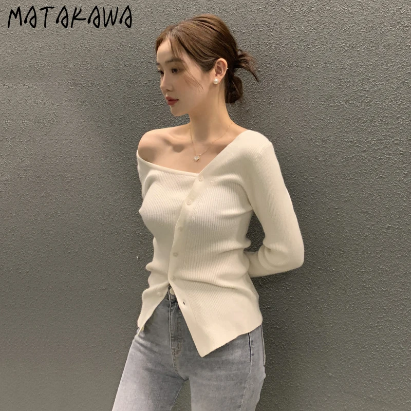 Matakawa Korean Fashion Short Cardigans Skew Collar Autumn Winter Elegant Women Sweaters Solid Simple Buttons Sweet Knitwears