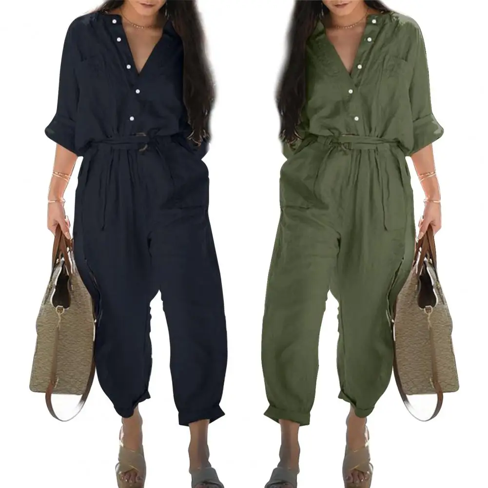 Comfortable Women Jumpsuit Lightweight Soft-touching Popular Women Casual 3/4 Sleeve Solid Color Cargo Jumpsuit