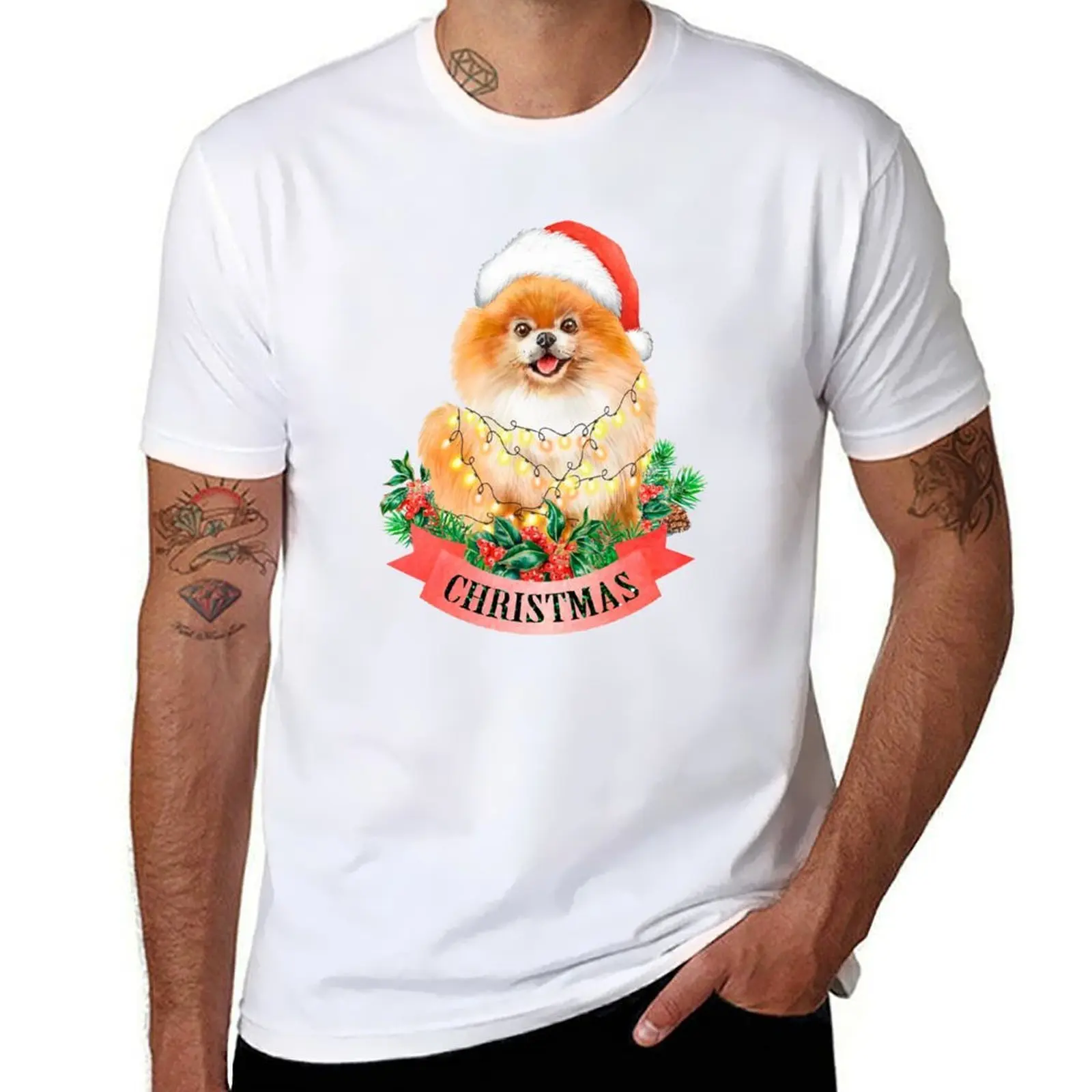 

Christmas Pomeranian Spitz Tree Ornament With Santa Hat T-Shirt t shirts cotton 100% man graphic t shirt T-Shirt