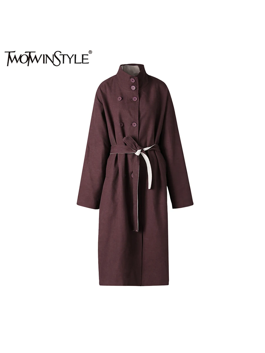 

TWOTWINSTYLE Solid Patchwork belt Chic Jackets For Women stand neck Long Sleeve Loose Temperament Long Coats Female Fashion new