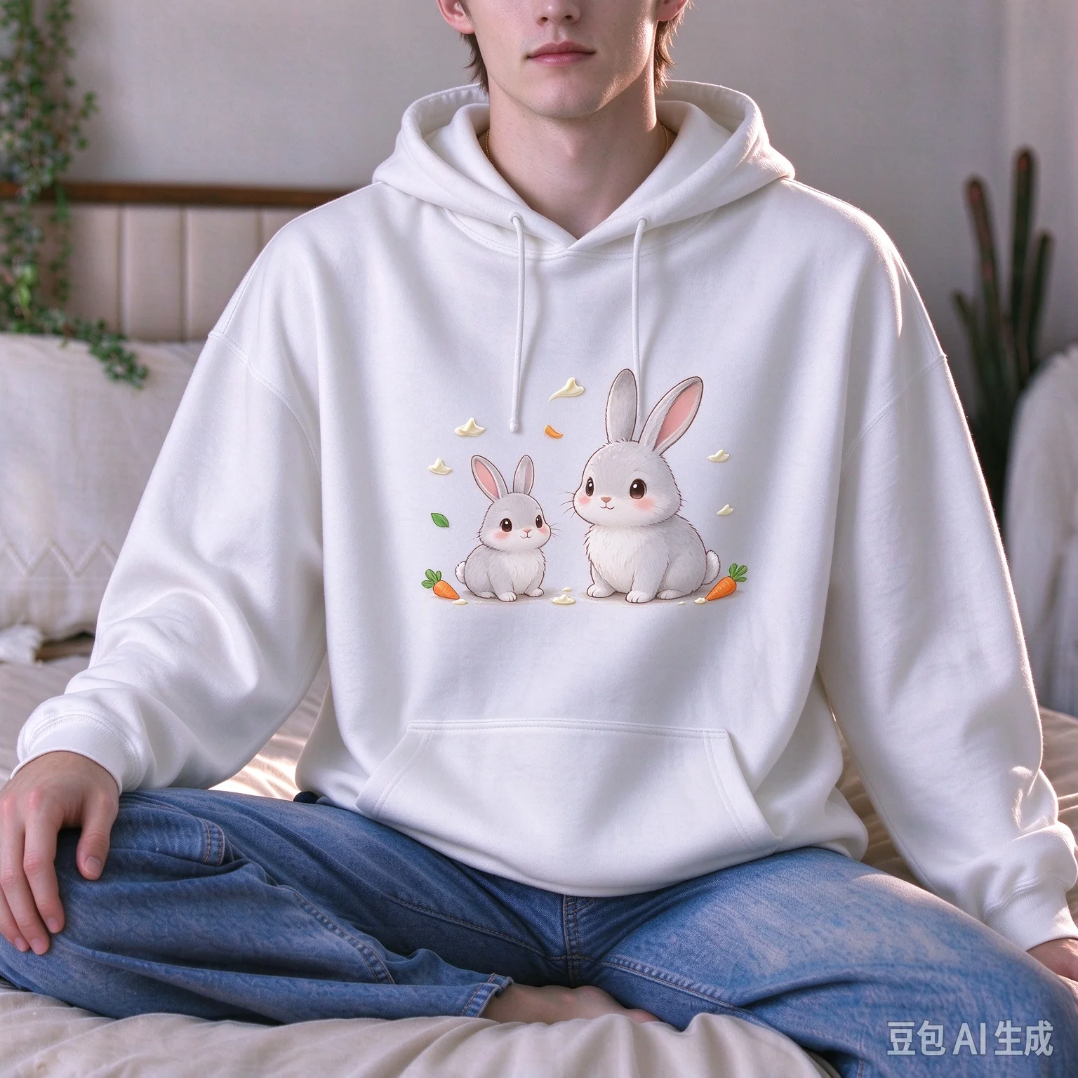 Unisex Cute Cartoon Rabbit Graphic Hoodie, Oversized Pullover Hooded Sweatshirt for Men Women, Casual Animal Print Couple M