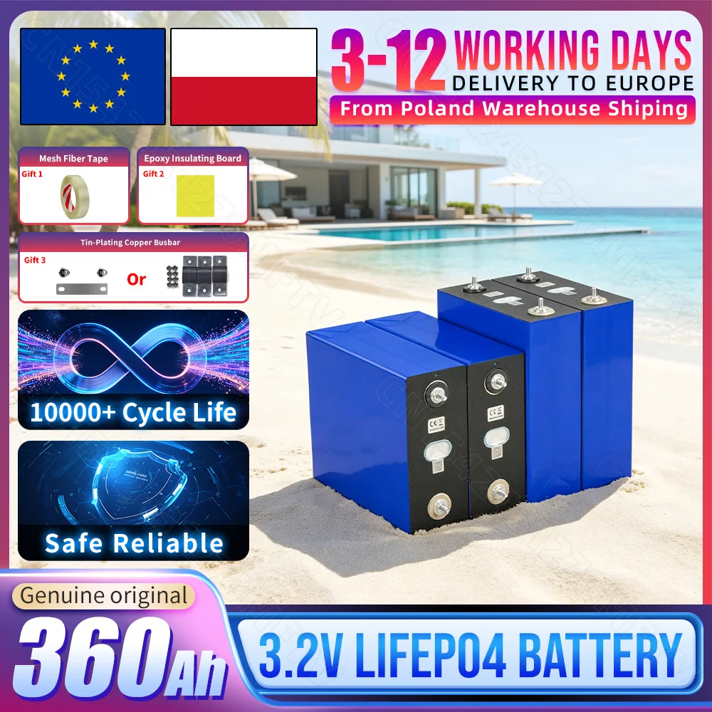 10000+ Zyklen 360Ah LiFePO4 Batterie Klasse A 3.2V LFP Wiederaufladbare Zelle DIY 12V 24V 48V für Wohnmobil, Elektrofahrzeug, Solar, Heimenergie, Golfwagen, Camping, Boot