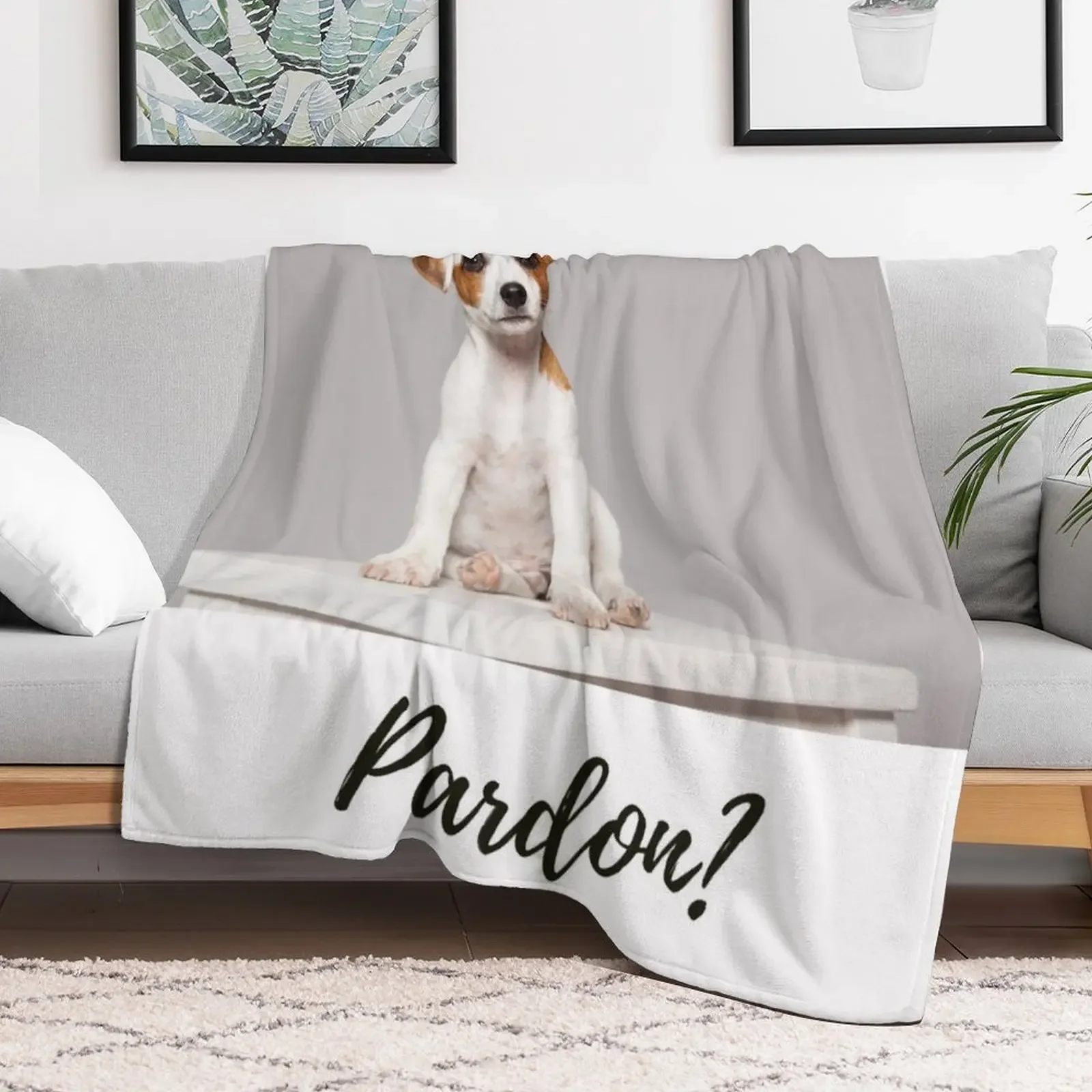 Pardon? Jack Russell Terrier puppy. Sitting. One ear folded over, the other pointed upwards Throw Blanket Winter beds Blankets