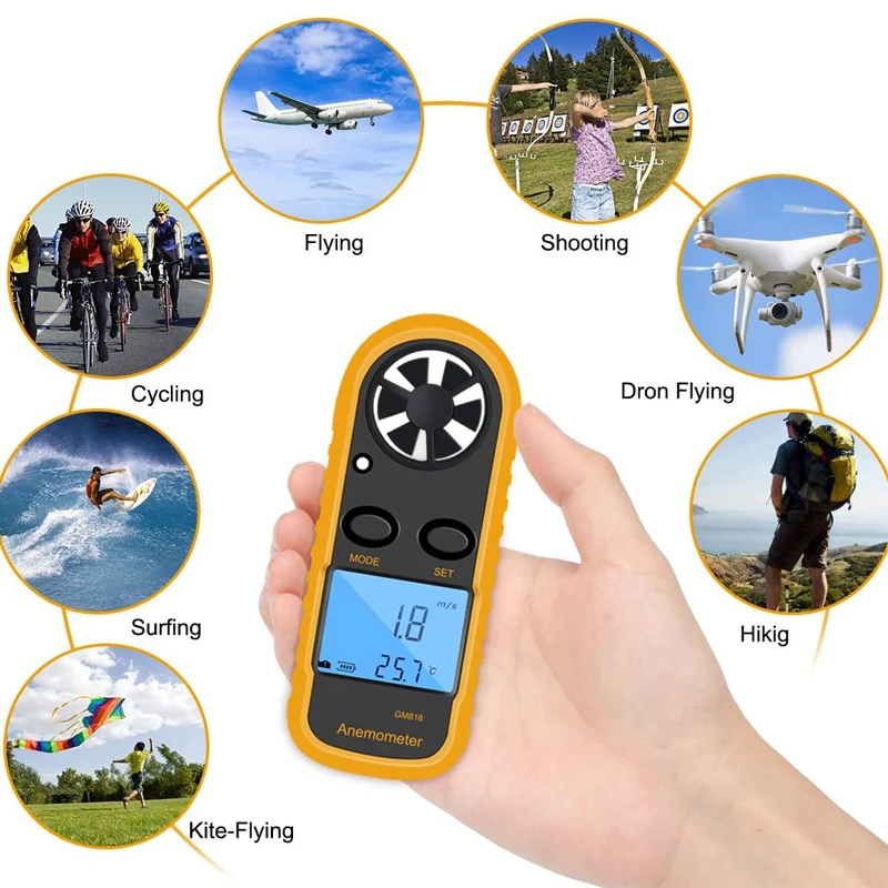 Digital Anemometer 0-30m/s Wind Speed Meter Mini Air Velocity Airflow -10°C ~ 45°C Temperature Tester with LCD Backlight