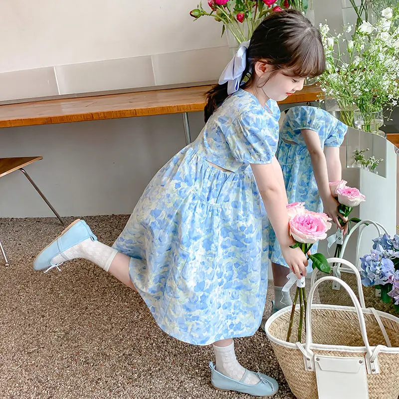 

Blue Floral Dress Elegant Lolita Child Little Girls Clothing Casual Midi Dress Children Dress For Teens Party Princess Sundress