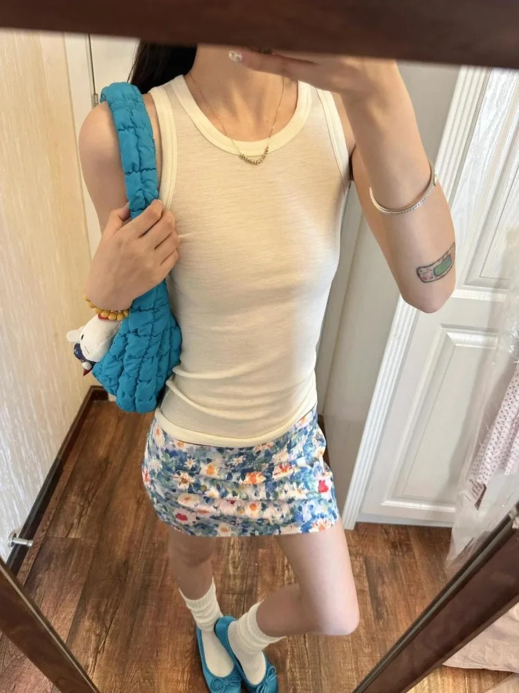 Women's Floral Pattern Blue Thin Skirt Summer Sweet Slim Girl Casual Bottoms Female Beach Vacation Low Waist Mini Skirts