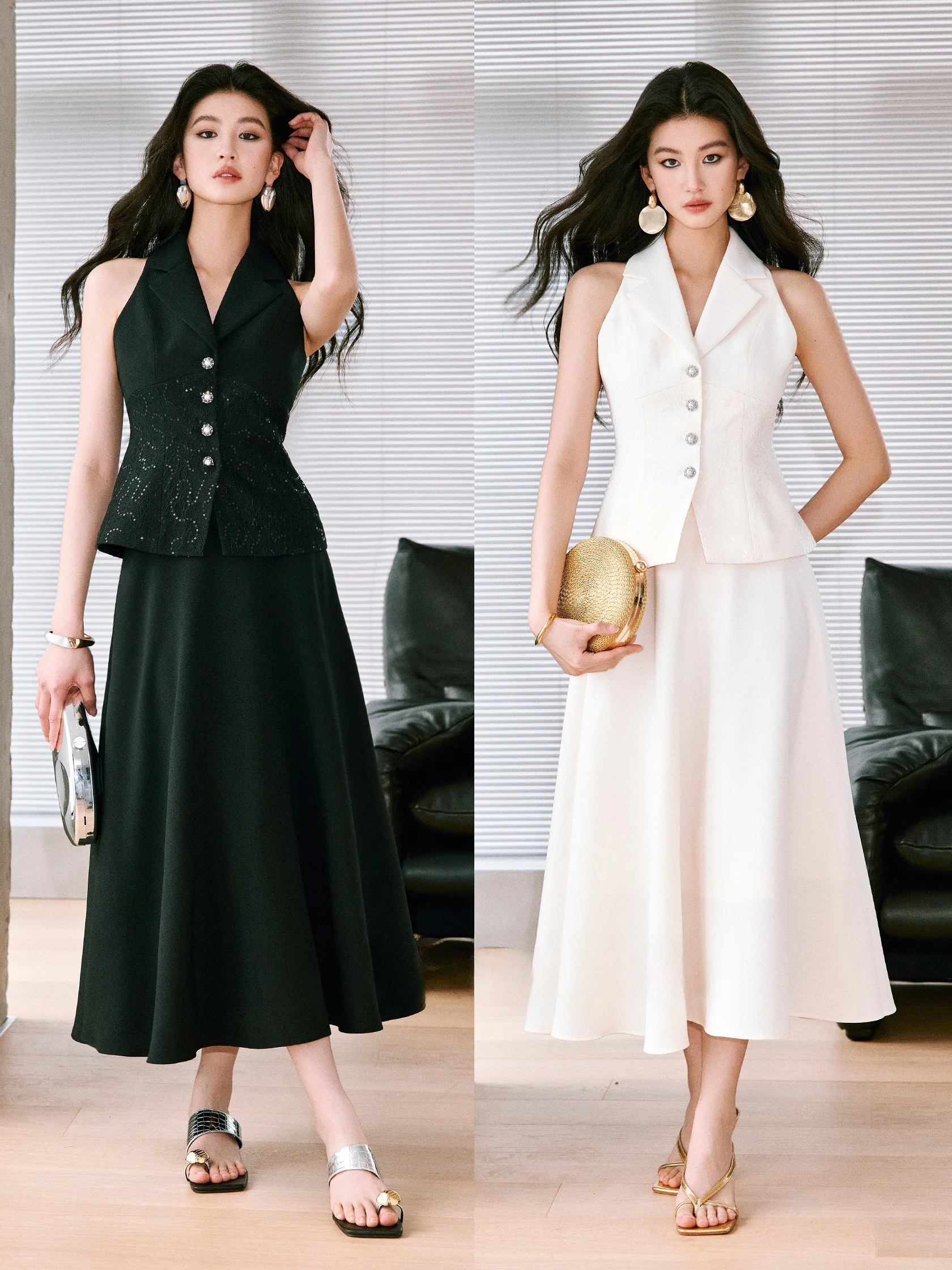 

WANGXO Long Lace Patchwork Shoulder Tapered Waist Skirt Textured Sensation Women's Fashion Set Spring Season No Sleeve